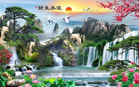 流水生财背景墙装饰画