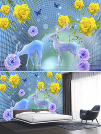 科幻未来感麋鹿白鹿梅花鹿背景墙