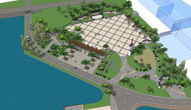 中式道路景观湖休闲广场公园花园