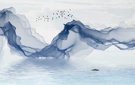 山水背景墙 蓝色山水画