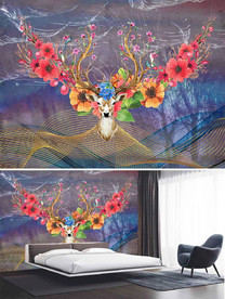 现代北欧花朵美式鹿头花卉背景墙