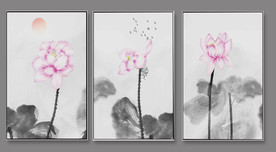 荷花装饰画 荷花三联画 荷花图
