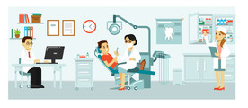 矢量牙科医院牙医看牙场景插画