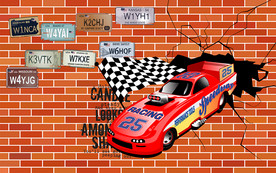 赛车破洞红砖背景墙