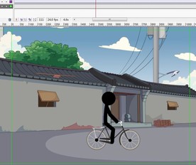 老巷子门口踩单车经过动画8秒