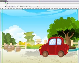 卡通Q版红色小车在公园行驶走5