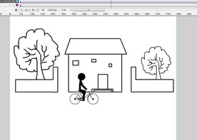 火柴人踩单车在房子前面经过6秒