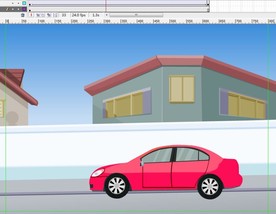 红色汽车在大宅前面行驶过3秒
