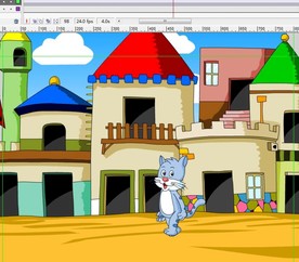 小猫在卡通建筑走过10秒动画
