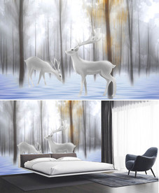 森林麋鹿抽象树林黑白风景背景墙