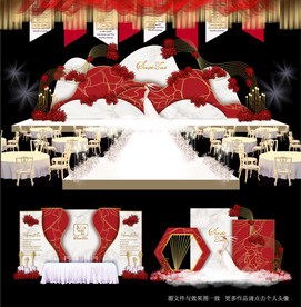 红配白大理石主题婚礼舞台效果图
