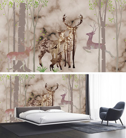 简约手绘森林大树麋鹿电视背景墙