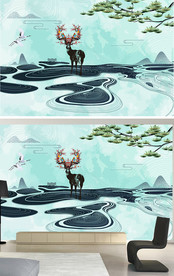 新中式抽象山水麋鹿线条背景墙