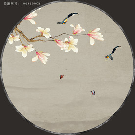 圆形山水画 玉兰花鸟装饰画