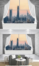3D立体阳台窗户城市沙发背景墙
