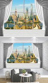 3D立体阳台窗户城市沙发背景墙