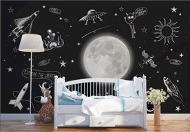 手绘插画太空探险儿童房壁画背景