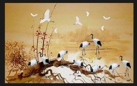 抽象中式山水白鹤背景墙图片