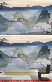 新中式抽象金色线条水彩森林山水