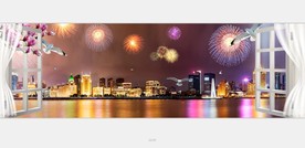 3D立体窗外黄浦江夜景背景墙
