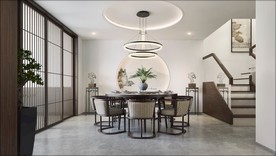 新中式餐厅  圆桌  圆吊灯