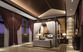 新中式卧室 混搭卧室 床 窗帘