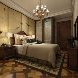 新中式卧室 混搭卧室 床 窗帘