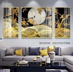 别墅新中式三联花鸟无框画组合