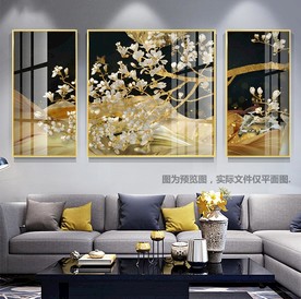 轻奢山水新中式花鸟三联装饰画