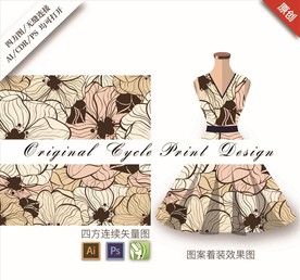 高端线描花朵循环手绘印花图案