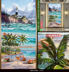 椰树灯塔海边风景