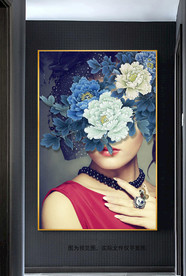 北欧蓝色牡丹美女北欧装饰画