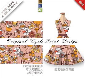 手绘可爱花草蜜蜂矢量印花背景