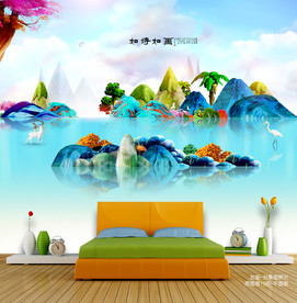 绿色山水写意 墙壁画