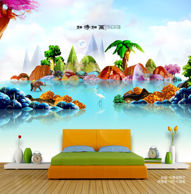 绿色山水写意 墙壁画