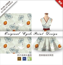 手绘矢量鸟花草中国风印花图案