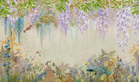 抽象复古花鸟孔雀绿叶背景墙