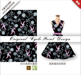 矢量手绘线条花朵鸟抽象印花