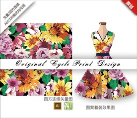 矢量手绘菊花花朵真实绚丽印花