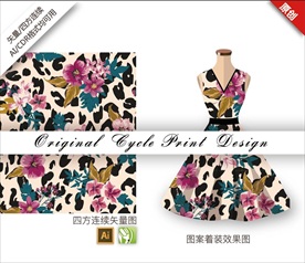 矢量手绘野性豹纹斑点花朵图案