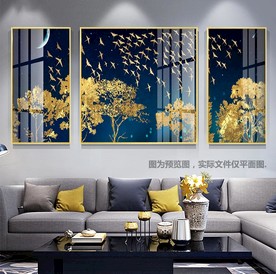 轻奢发财树三联客厅装饰画