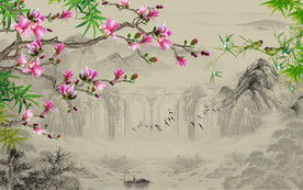 原创玉兰竹子山水风景画背景墙