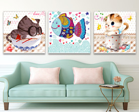 可爱卡通猫咪小鱼无框画装饰画