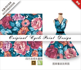 矢量撞色小清新手绘花朵印花