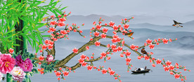 手绘梅花竹子家和富贵背景墙壁画