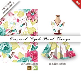 矢量清新撞色手绘花朵花纹图案