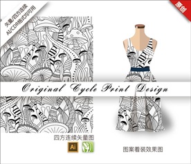 矢量线条单色蘑菇抽象手绘图案