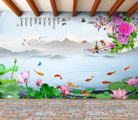 原创荷花九鱼牡丹背景墙