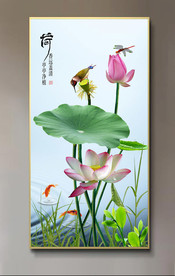 原创荷花翠鸟鲤鱼玄关装饰画壁画