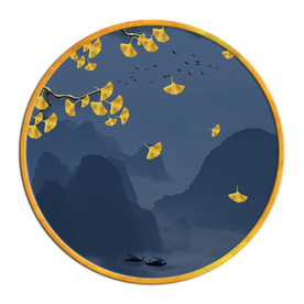 中国风   圆形山水画 大厅装